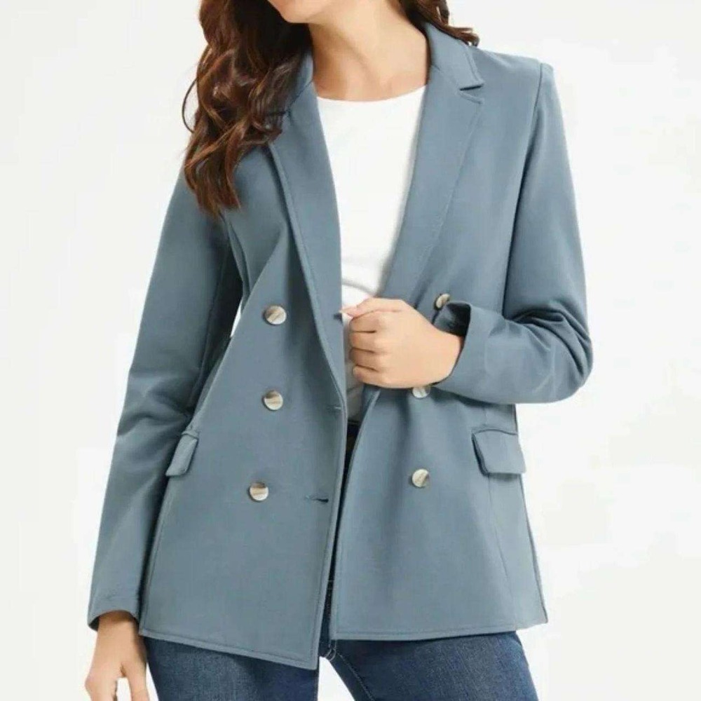 Betabrand Double Breasted Blazer Stretch Knit Women's M Dusty Blue Ponte Knit